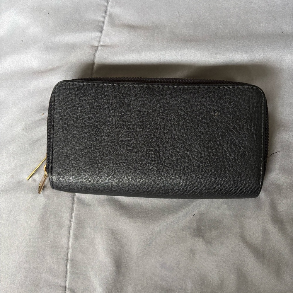 Black Leather Wallet with Gold Zipper